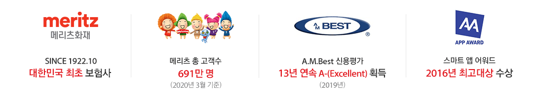 SINCE 1992.10 대한민국 최초 보험사 메리츠화재, 메리초 총 고객수 456만 3,000명(2017년 3월 기준), A.M.Best 신용평가 10년 연속 A-(Excellent) 획득(2016년 12월), 스마트 앱 어워드 2016년 최고대상 수상
