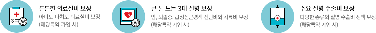 든든한 의료실비 보장(아파도 다쳐도 의료실비 보장,해당 특약 가입 시), 큰 돈 드는 3대 질병 보장(암, 뇌졸중, 급성심근경색 진단비와 치료비 보장,해당 특약 가입 시), 주요 질병 수술비 보장(다양한 종류의 질병 수술비 정액 보장,해당 특약 가입 시)