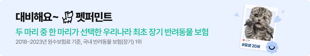 대비해요~ 펫퍼민트, 두 마리 중 한마리가 선택한 우라나라 최초 장기 반려동물 보험 2018~2023년 원수보험료 기준, 국내 반려동물 보험(장기) 1위