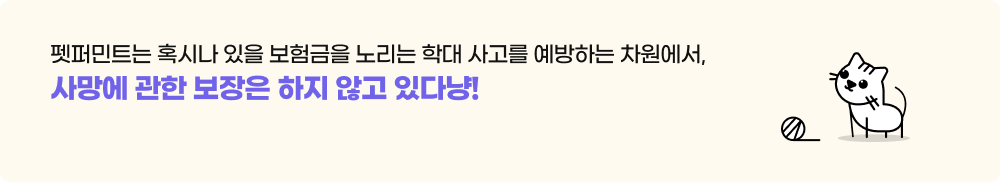 펫퍼민트는 혹시나 있을 보험금을 노리는 학대 사고를 예방하는 차원에서,사망에 관한 보장은 하지 않고 있다 멍!